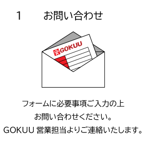 1.お問い合わせ フォームに必要事項ご入力の上、お問い合わせください。GOKUU営業担当よりご連絡いたします。